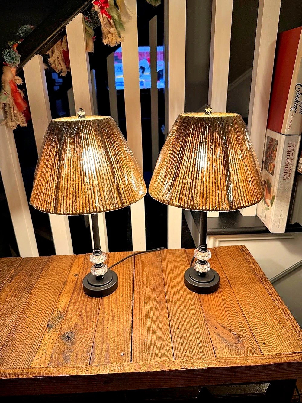 Pair of acrylic crystal and black metal accent table lamps with shades
